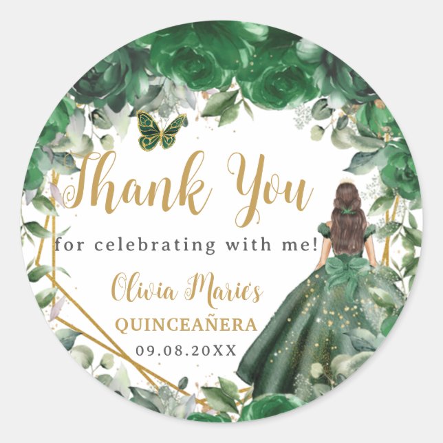 Emerald Green Floral Princess Quinceañera Favour Classic Round Sticker (Front)
