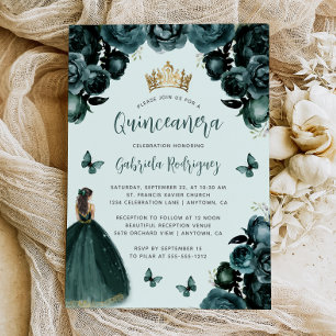 Emerald Green Floral Princess Quinceañera Invitation