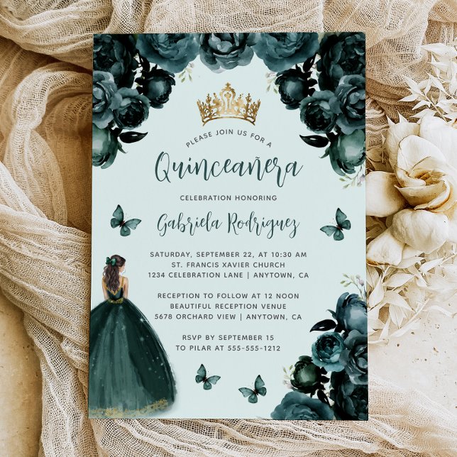 Emerald Green Floral Princess Quinceañera Invitation (Creator Uploaded)