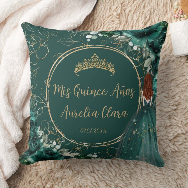 Emerald Green Floral Princess Quinceañera Keepsake Cushion (Blanket)