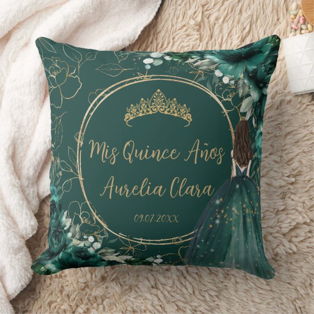 Emerald Green Floral Princess Quinceañera Keepsake Cushion (Blanket)