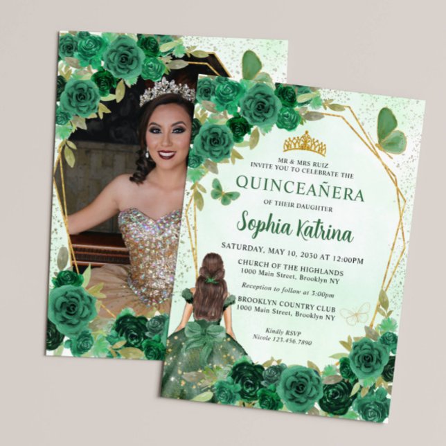 Emerald Green Floral Princess Quinceañera Photo Invitation (Creator Uploaded)