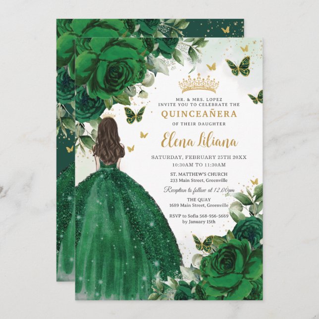 Emerald Green Floral Princess Quinceañera Sweet 16 Invitation (Front/Back)
