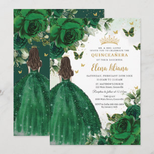Emerald Green Floral Princess Quinceañera Sweet 16 Invitation