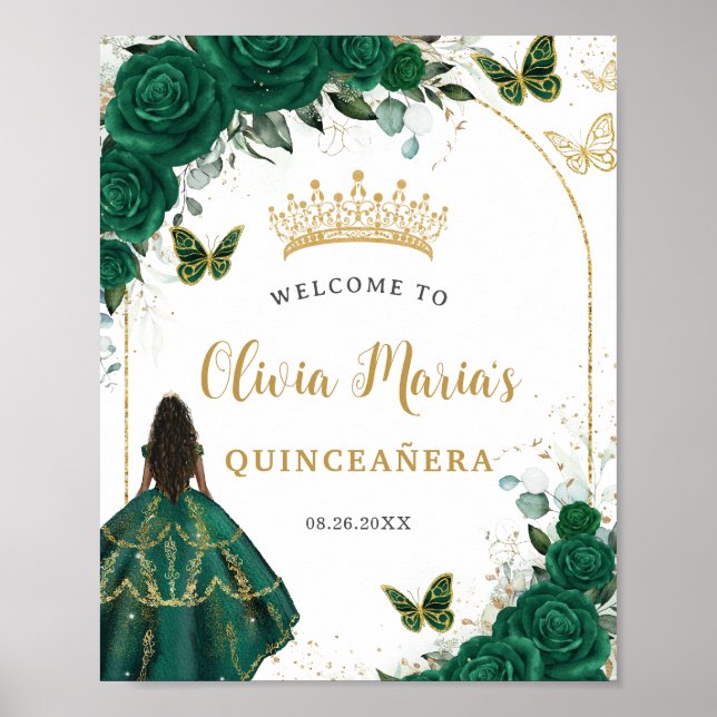 Emerald Green Floral Princess Quinceañera Welcome Poster (Front)