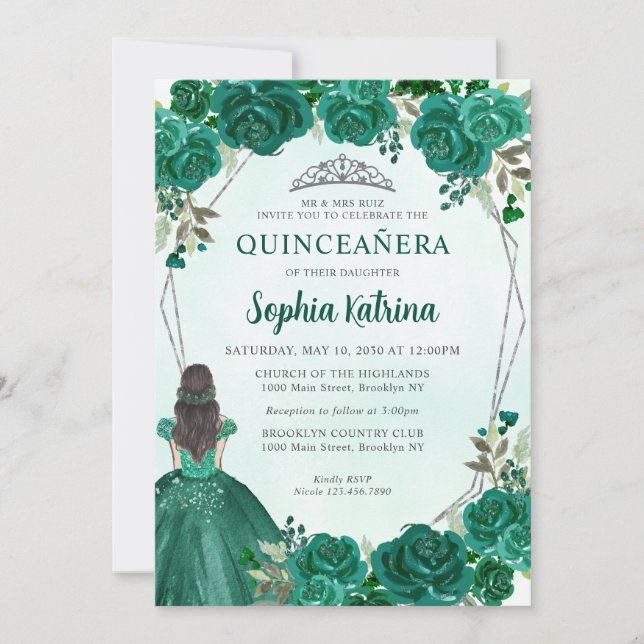 Emerald Green Floral Princess Tiara Quinceañera Invitation (Front)