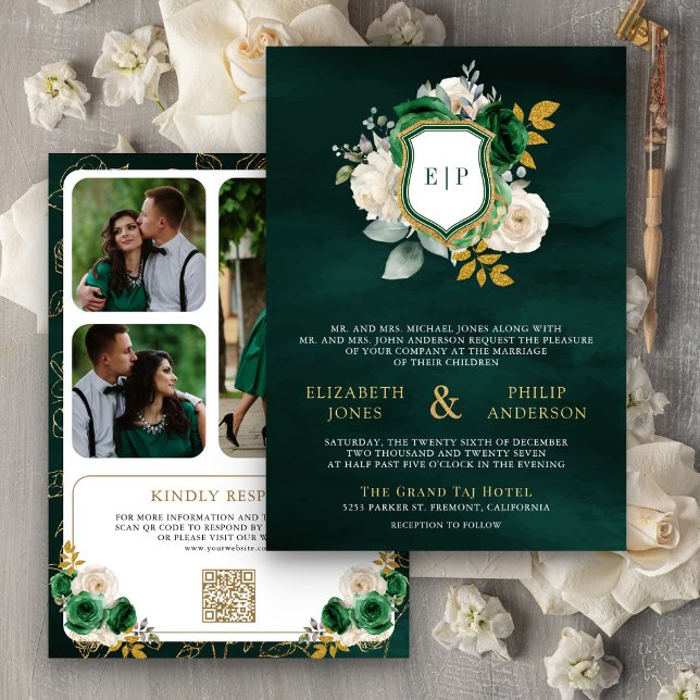 Emerald Green Floral QR Code Photo Crest Wedding Invitation (Creator Uploaded)