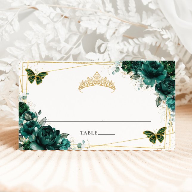 Emerald Green Floral Quinceañera 16th Birthday Place Card (Creator Uploaded)