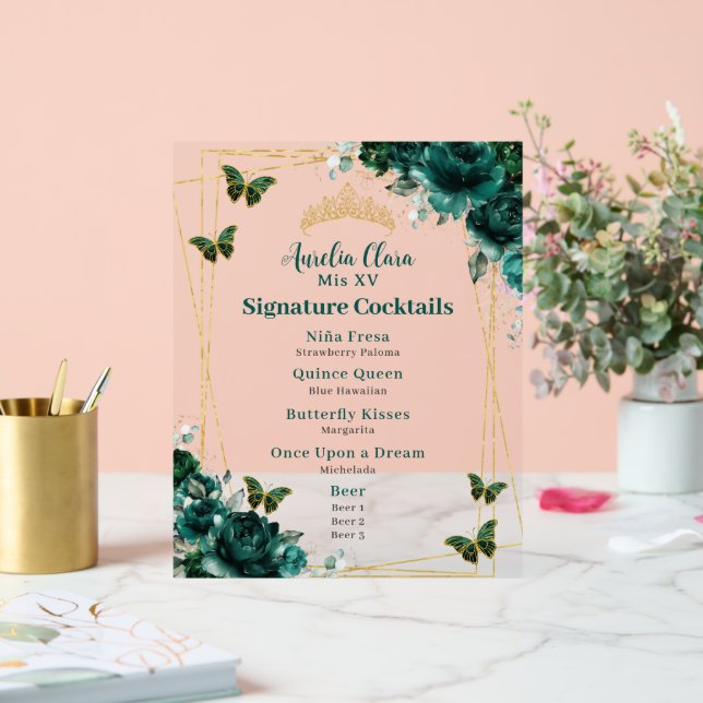 Emerald Green Floral Quinceanera Bar Cocktail Menu Acrylic Sign (Wedding)
