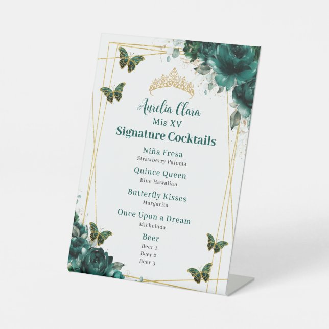Emerald Green Floral Quinceanera Bar Cocktail Menu Pedestal Sign (Front)