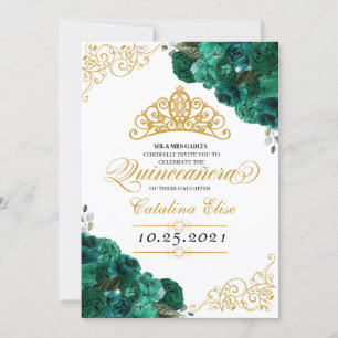 Emerald Green Floral Quinceanera Birthday Invitation