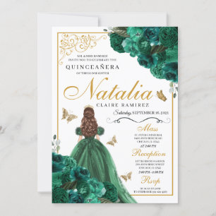 Emerald Green Floral Quinceanera Birthday Invitation