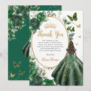 Emerald Green Floral Quinceañera Brown Princess  Thank You Card