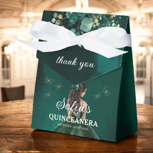 Emerald Green Floral Quinceañera Butterflies Favour Box