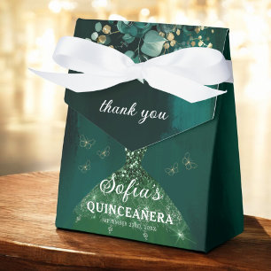 Emerald Green Floral Quinceañera Butterflies Favour Box