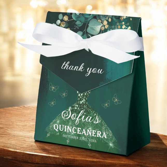Emerald Green Floral Quinceañera Butterflies Favour Box (Creator Uploaded)