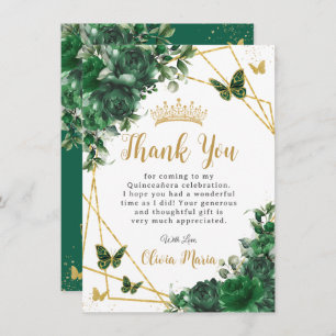 Emerald Green Floral Quinceañera Butterflies Thank You Card