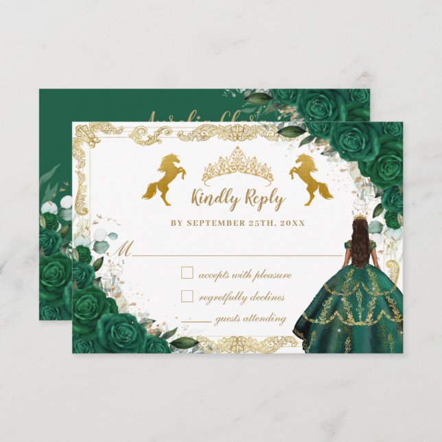 Emerald Green Floral Quinceañera Charro Gold Horse RSVP Card (Front/Back)
