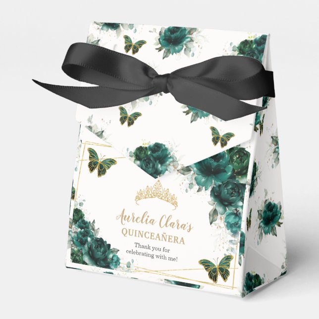 Emerald Green Floral Quinceañera Crown Butterflies Favour Box (Front Side)