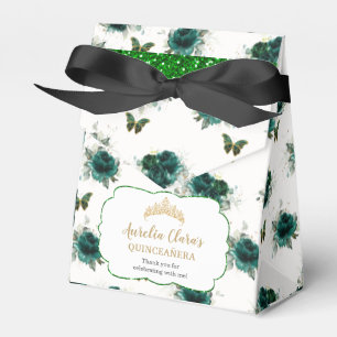 Emerald Green Floral Quinceañera Crown Butterflies Favour Box