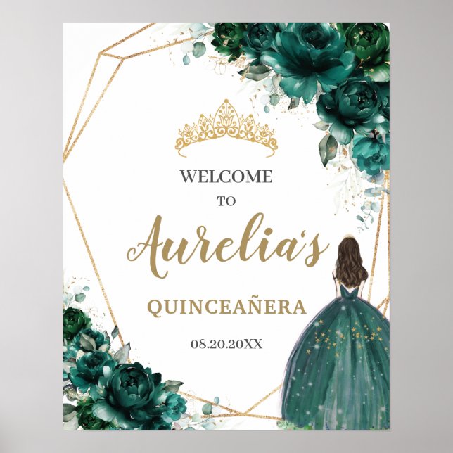 Emerald Green Floral Quinceañera Geometric Welcome Poster (Front)