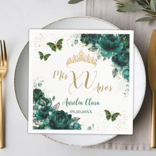 Emerald Green Floral Quinceanera Gold Butterflies Napkin