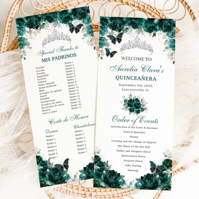 Emerald Green Floral Quinceañera Order of Events Program (Creator Uploaded)