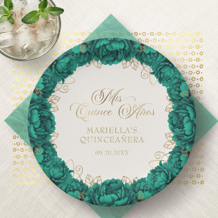 Emerald Green Floral Quinceanera Paper Plate