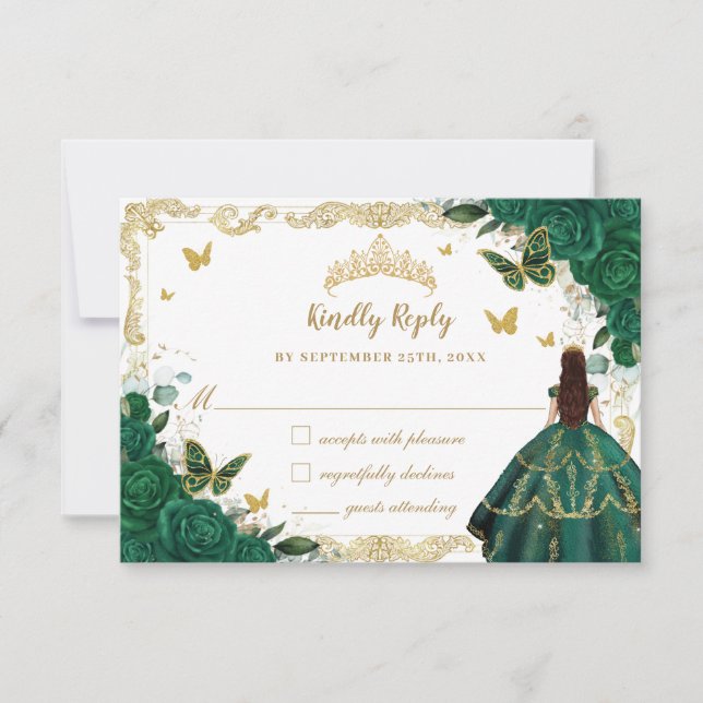 Emerald Green Floral Quinceañera Princess Crown RS RSVP Card (Front)