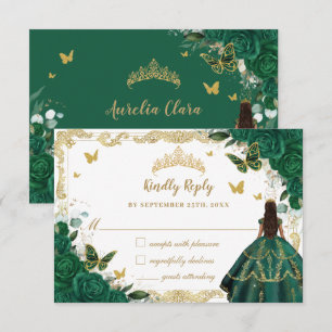 Emerald Green Floral Quinceañera Princess Crown RSVP Card