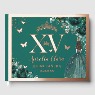 Emerald Green Floral Quinceañera Quince Rose Gold  Guest Book