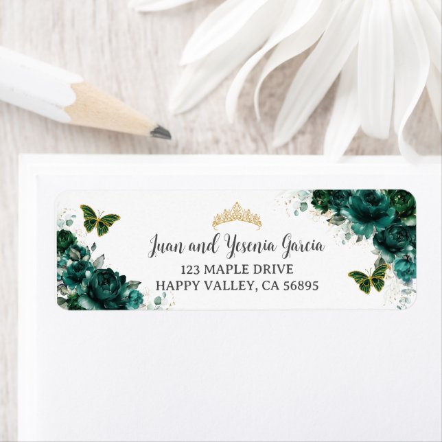 Emerald Green Floral Quinceanera Return Address Label (Insitu)