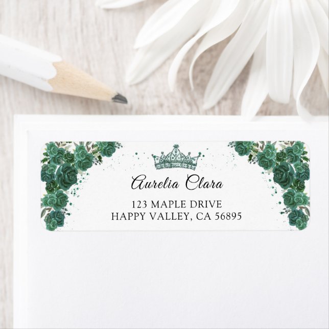 Emerald Green Floral Quinceanera Return Address Label (Insitu)