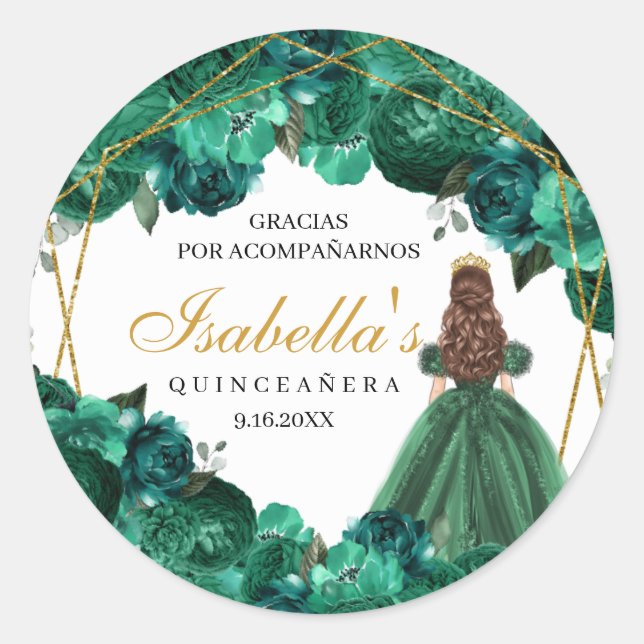 Emerald Green Floral Quinceanera Round Stickers (Front)