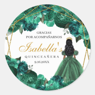 Emerald Green Floral Quinceanera Round Stickers