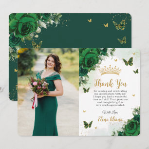 Emerald Green Floral Quinceañera Sweet 16 Photo Thank You Card