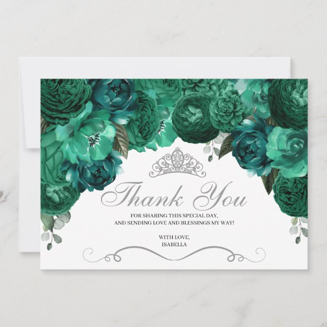 Emerald Green Floral Quinceanera Thank You  (Front)