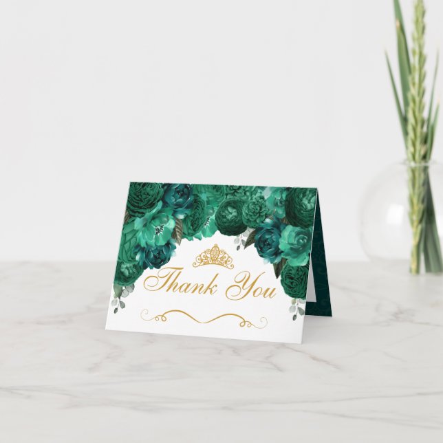 Emerald Green Floral Quinceanera Thank You Invitation (Front)