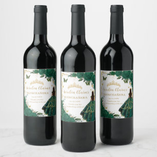 Emerald Green Floral Quinceañera Vintage Gold Wine Label