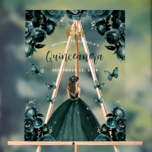 Emerald Green Floral Quinceañera Welcome Acrylic Sign