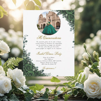 Emerald green floral Quinceanera with picture  Invitation