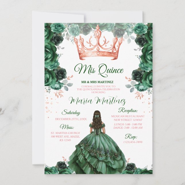  Emerald Green Floral Rose Gold Crown Mis Quince Invitation (Front)