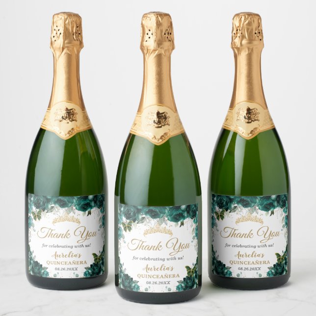 Emerald Green Floral Roses Butterflies Favour Sparkling Wine Label (Bottles)