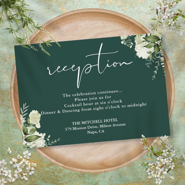Emerald Green Floral Script Wedding Reception Enclosure Card (Emerald Green Floral Script Wedding Reception Enclosure Card)