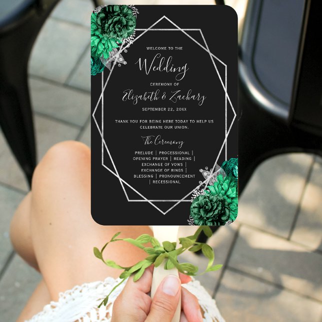 Emerald Green Floral Silver Black Wedding Program Hand Fan (Creator Uploaded)