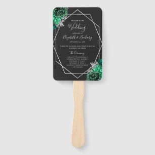 Emerald Green Floral Silver Black Wedding Program Hand Fan