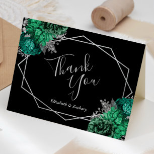 Emerald Green Floral Silver Black Wedding Thank You Card