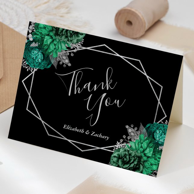 Emerald Green Floral Silver Black Wedding Thank You Card (Creator Uploaded)