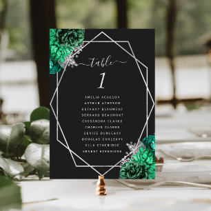 Emerald Green Floral Silver Geo Black Wedding Table Number