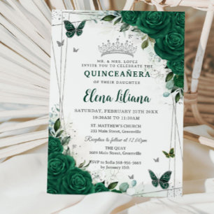 Emerald Green Floral Silver Quinceañera Sweet 16 Invitation